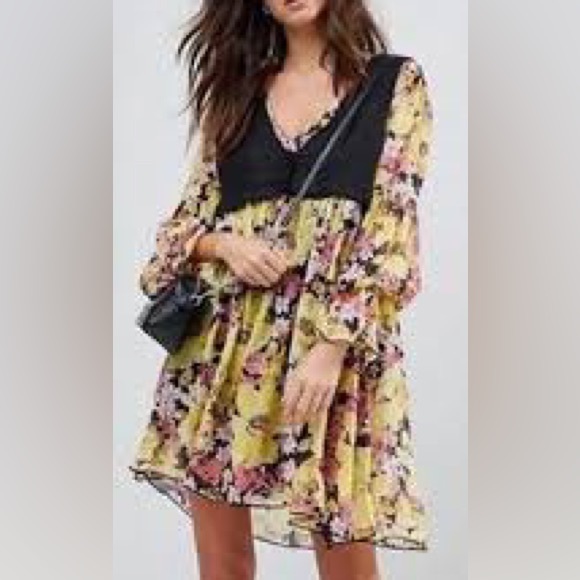 Free People Alice Yellow Floral Flowy Vested Dress Sz L - Picture 8 of 8